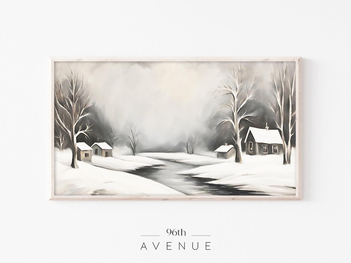 Snowy Village Winter Landscape Painting Rustic Cottages Poster