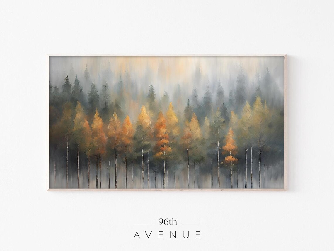 Golden Pines Fading into Misty Gray Fog Atmospheric Forest Poster