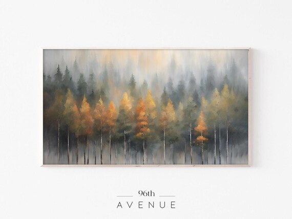 Golden Pines Fading into Misty Gray Fog Atmospheric Forest Poster
