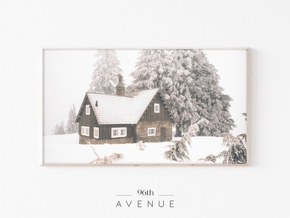 Winter Log Cabin, Seasonal Art Print