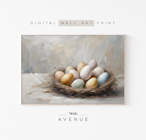 Pastel Easter Eggs In Nest Spring Still Life Painting Wall Art