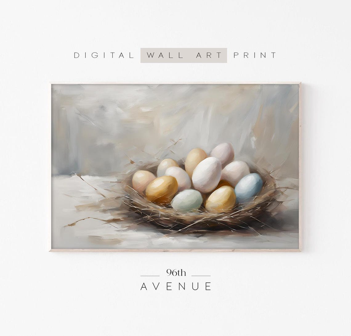 Pastel Easter Eggs In Nest Spring Still Life Painting Wall Art