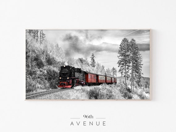 Red Train in Snowy Forest Christmas Art Print