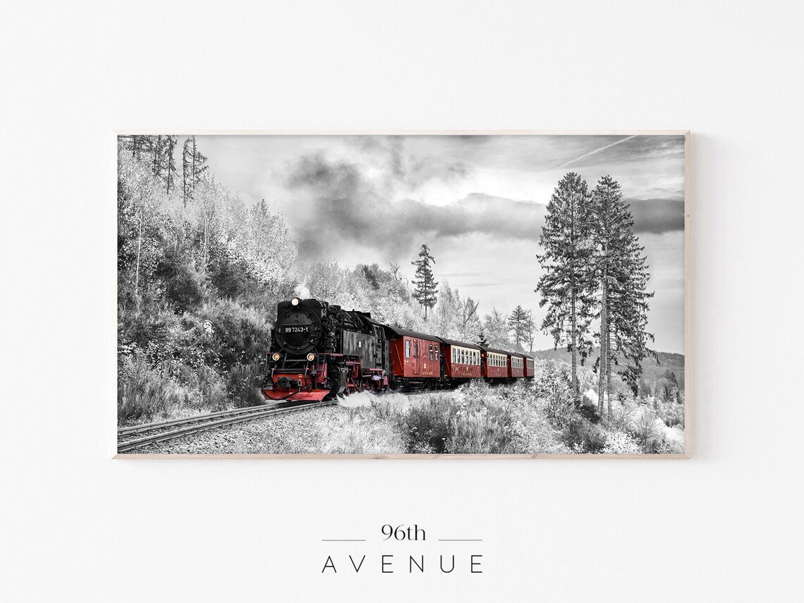 Red Train in Snowy Forest Christmas Art Print