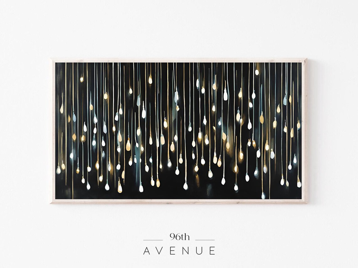 Elegant Hanging Christmas Lights Painting Black Gold Wall Art