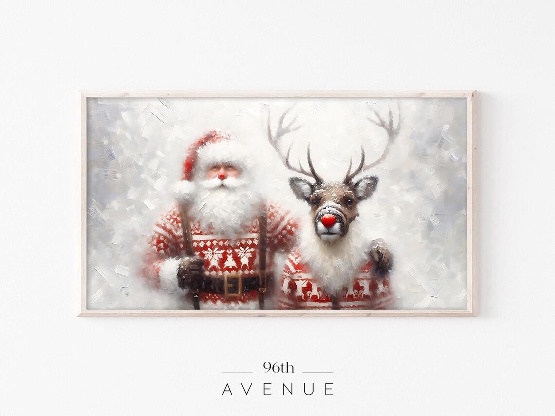 Santa Claus and Reindeer in Christmas Sweaters Vintage Holiday Poster