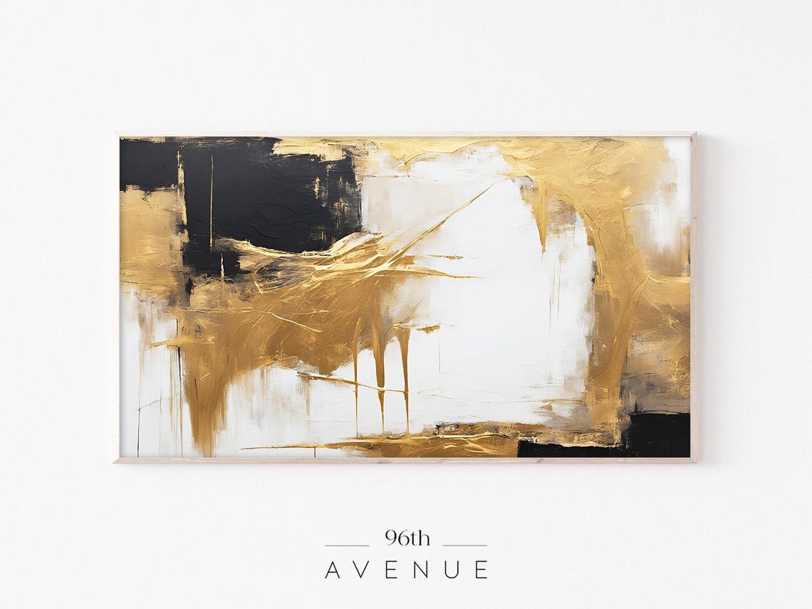 Black And Gold Abstract Painting With Drips Modern Textured Wall Art
