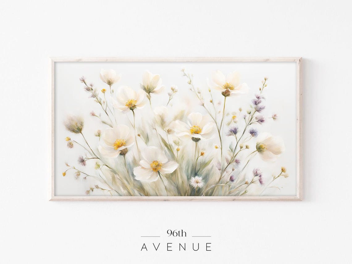White Wildflowers With Lavender Sprigs Soft Watercolor Print