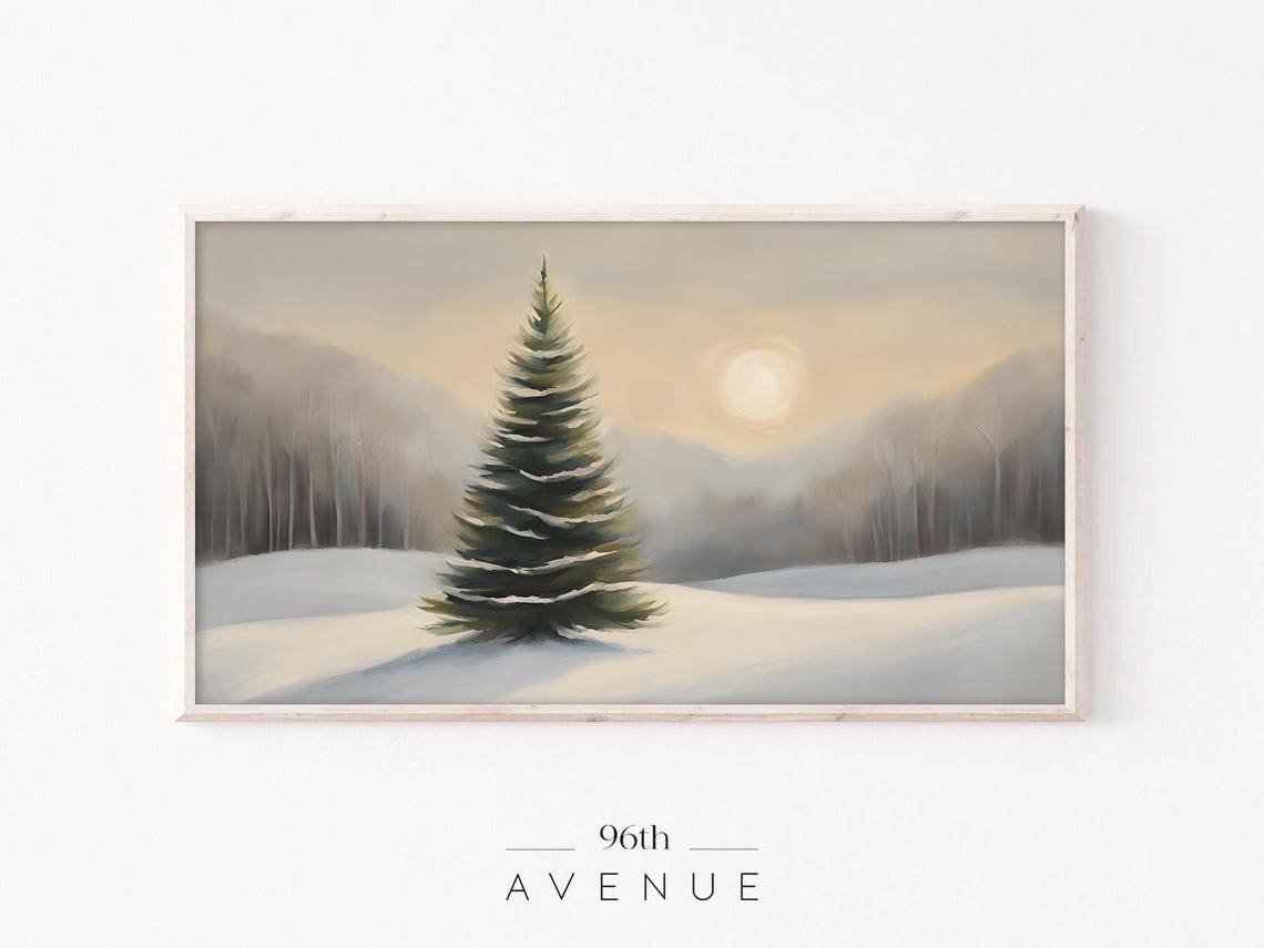 Lone Green Pine Tree in Snowy Meadow With Pale Winter Sun Print