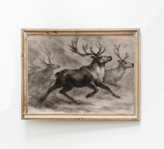Vintage Black Reindeer Print Moody Christmas Deer Painting Abstract Holiday Wall Art Dark Decor