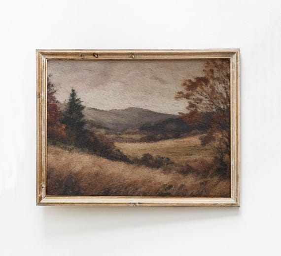 Dark Moody Fall Print Brown Vintage Landscape Wall Art Rustic Mountain Decor Autumn Maroon Hills Muted Nature Painting