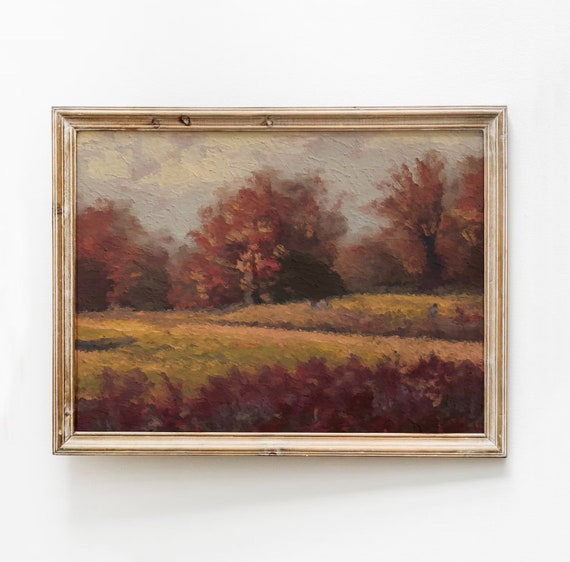 Burgundy Trees Landscape Painting Vintage Fall Art Moody Print Autumn Maroon Nature Instant