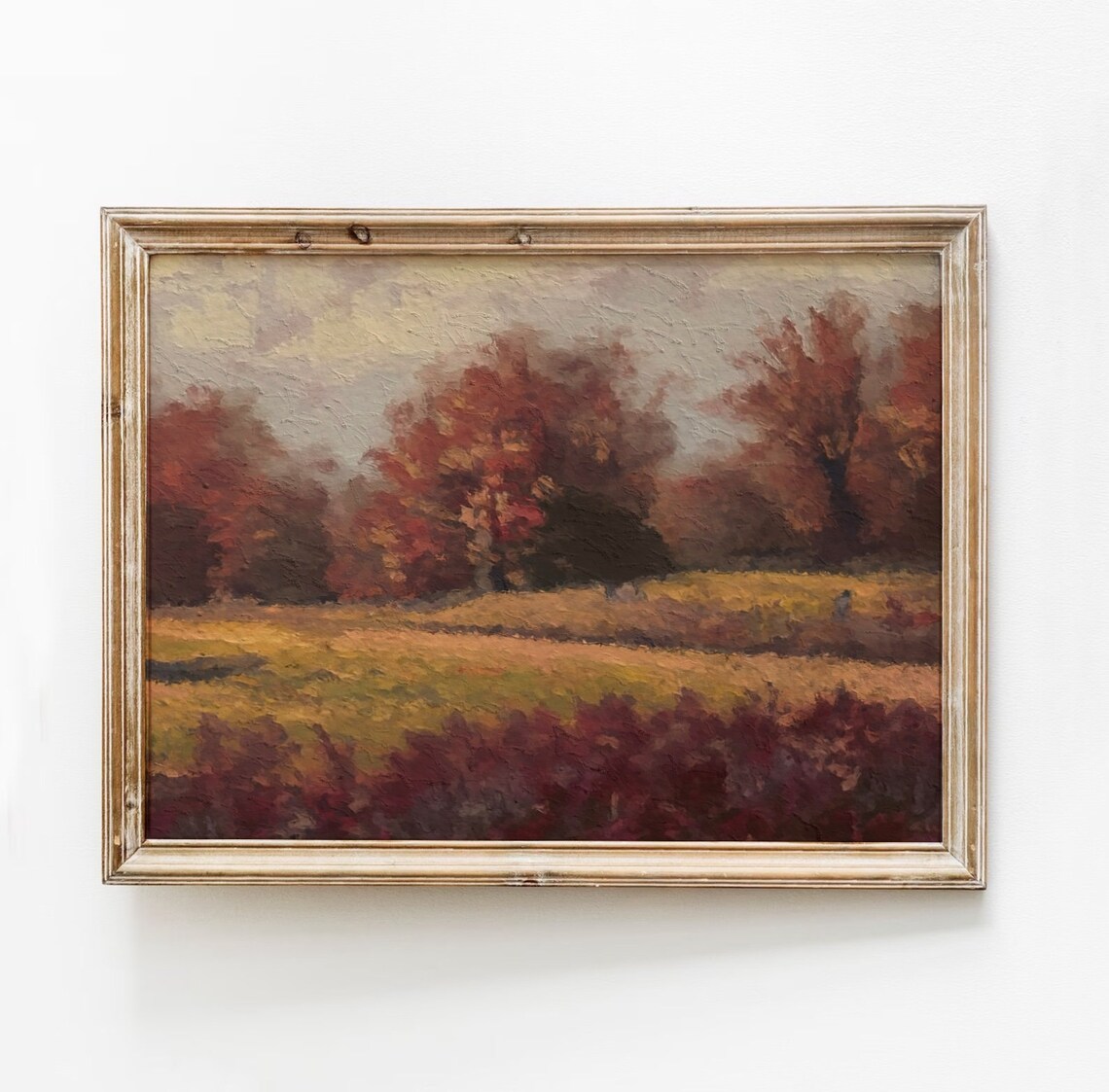 Burgundy Fall Trees Moody Autumn Landscape Vintage Oil Painting Print