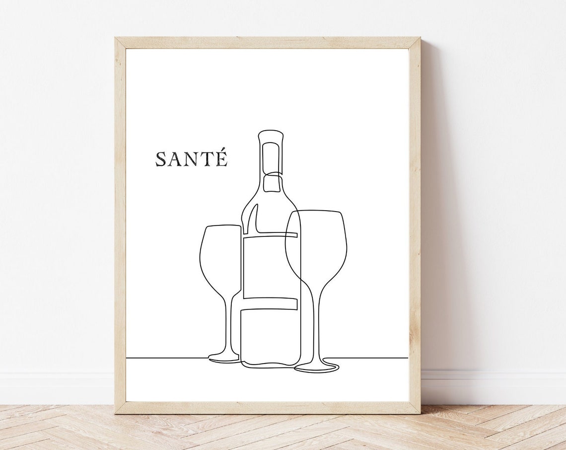 Sante Wine Bottle Line Art Minimal Black White Kitchen Wall Art