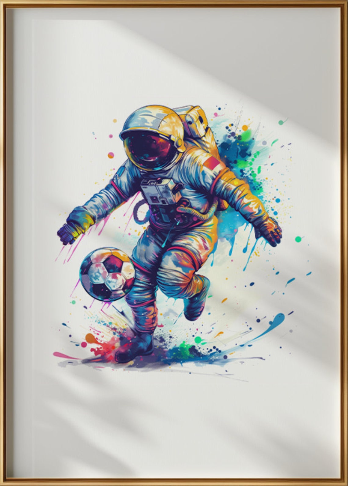 Astronaut Dribbling Soccer Ball Colorful Space Watercolor Poster - Image 2