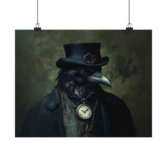Dapper Crow In Top Hat With Pocket Watch Victorian Portrait Print