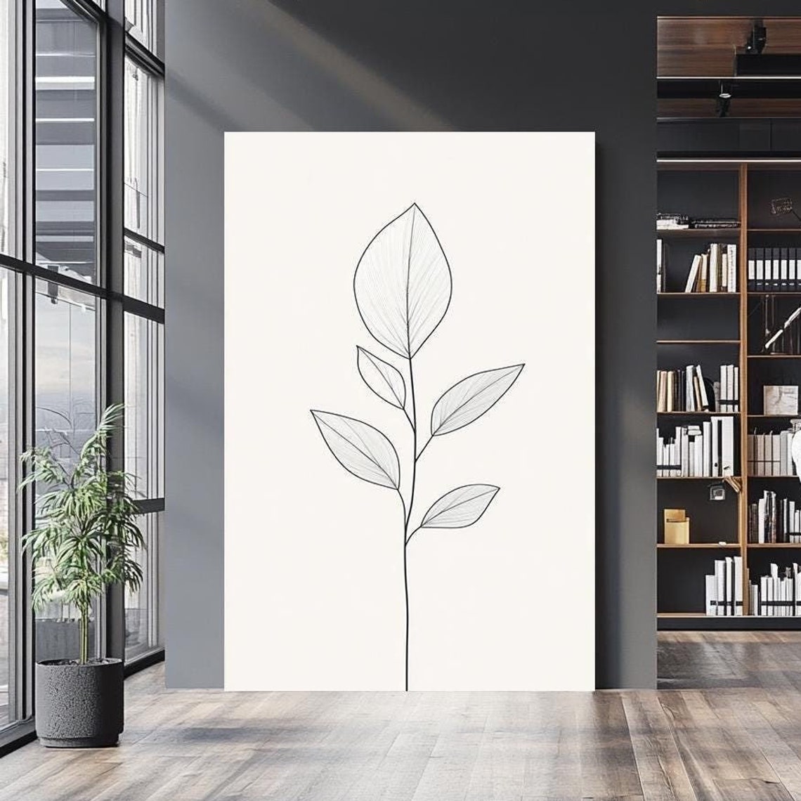 Minimalist Botanical Line Art Single Stem Leaves Drawing Wall Art