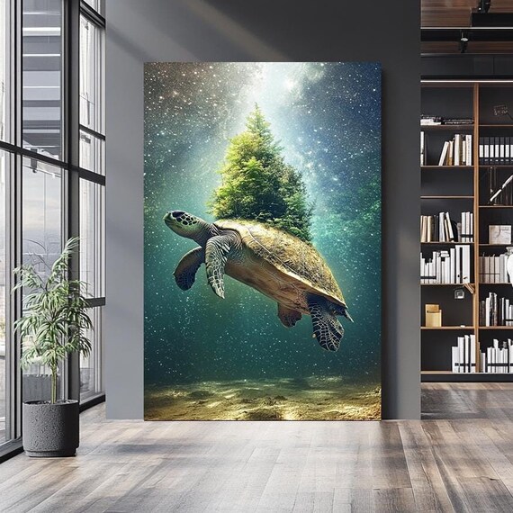 Cosmic Turtle Wall Art Surreal Ocean And Forest Fusion Design For Unique Home Decor Mystical Turtle Artwork Gift