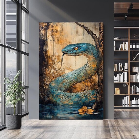 Blue Serpent Wall Art Mystical Snake Artwork With Golden Accents For Elegant Home Decor Exotic Wildlife Gift