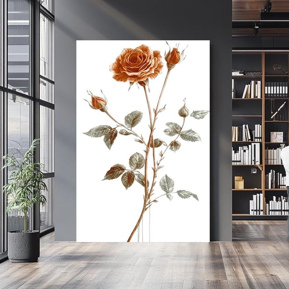 Vintage Rose Botanical Illustration Champagne Bloom Flower Stem Print