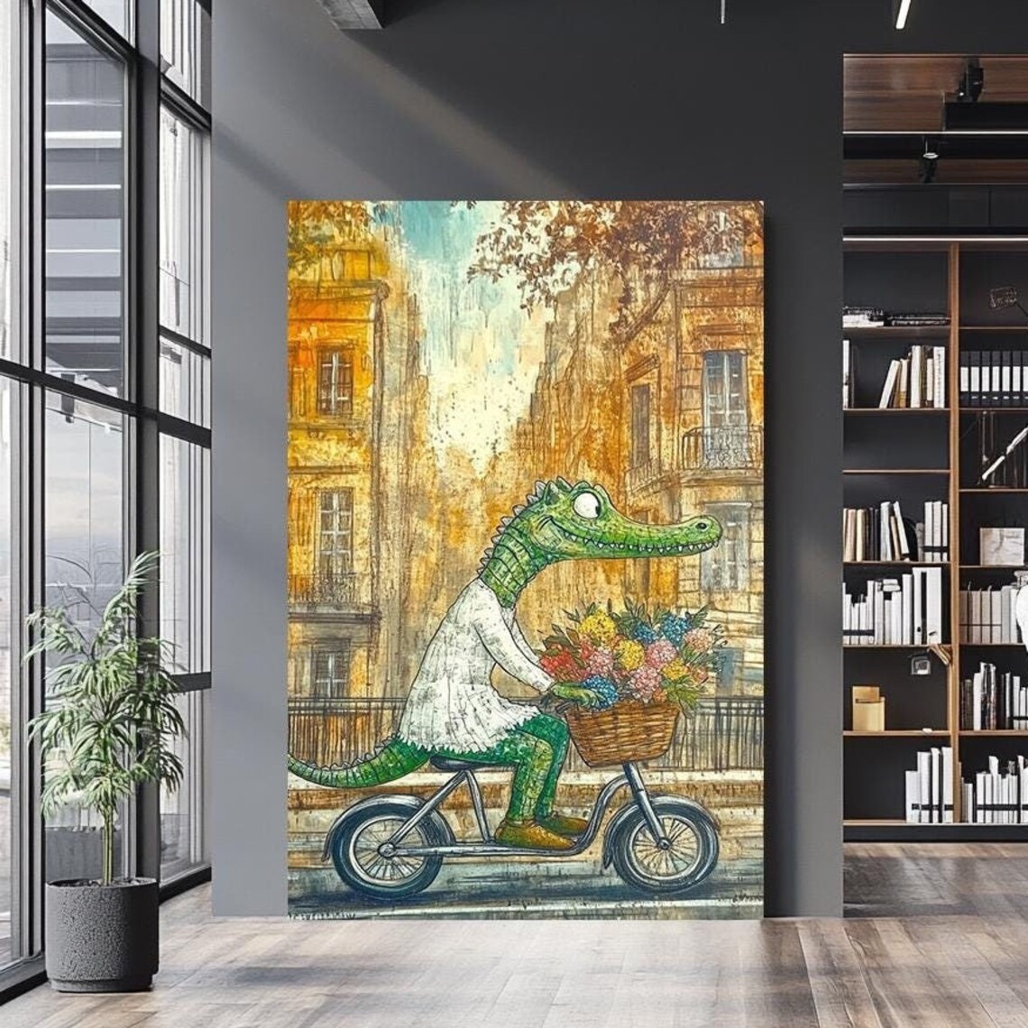 Charming Alligator Riding Bicycle With Flowers Paris Street Wall Art