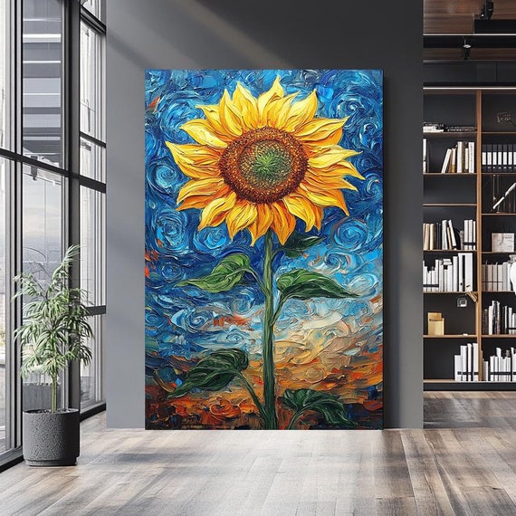 Van Gogh Inspired Sunflower Painting On Textured Botanical Wall Art Hand Painted Vibrant Floral Artwork Nature Inspired Home Decor