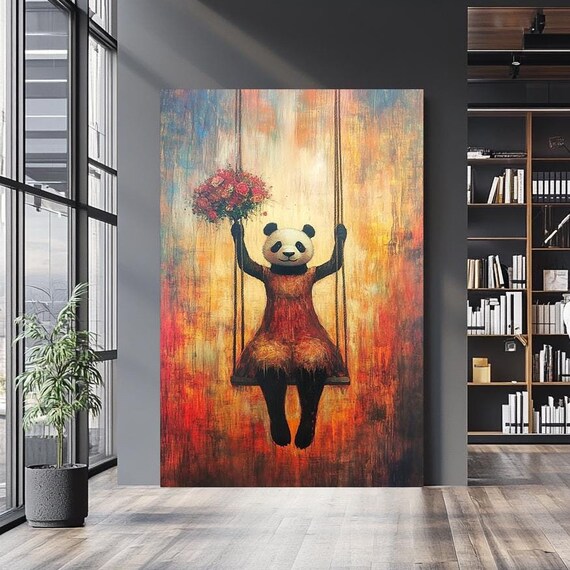 Cute Panda On Swing With Flower Bouquet Warm Sunset Art Wall Decor