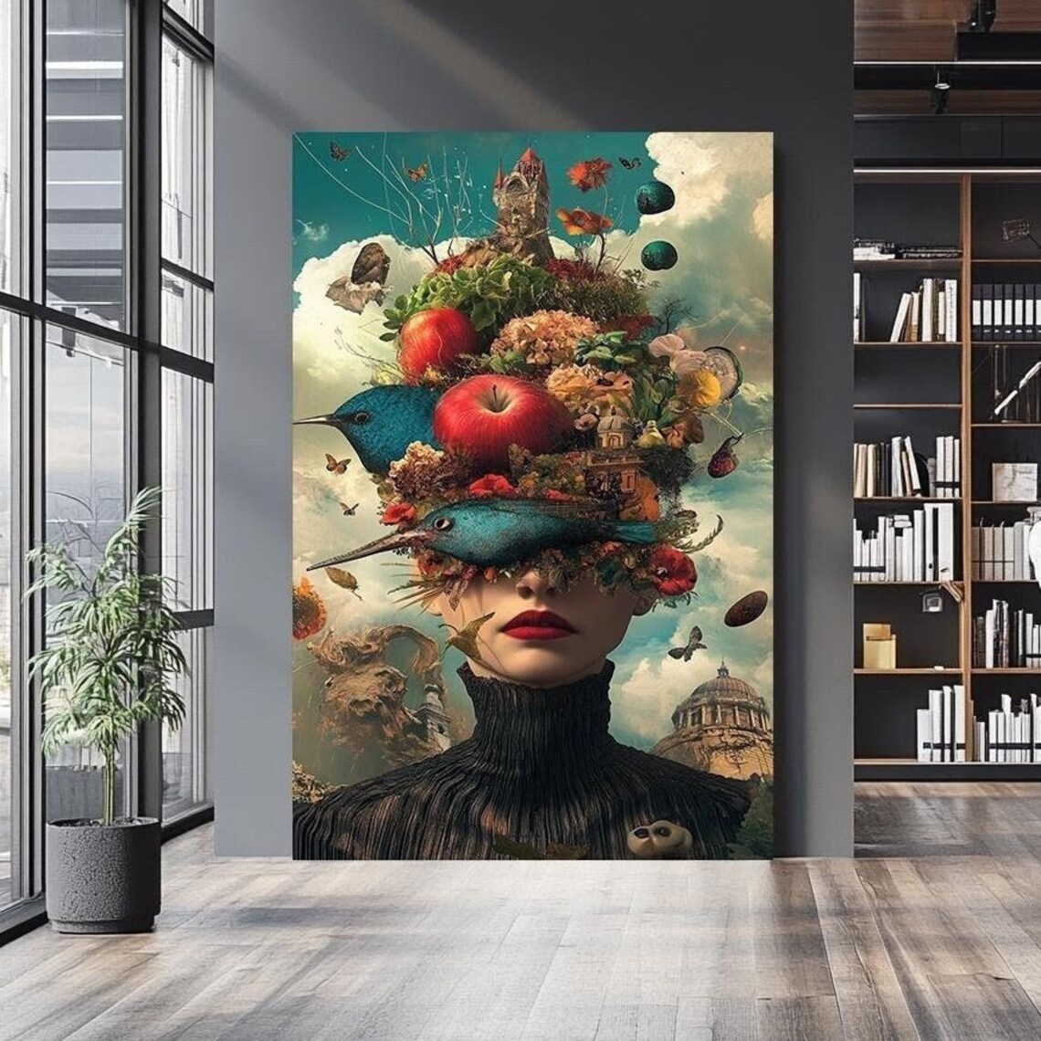 Surreal Floral Portrait Woman Birds Apples Dreamlike Fantasy Wall Art