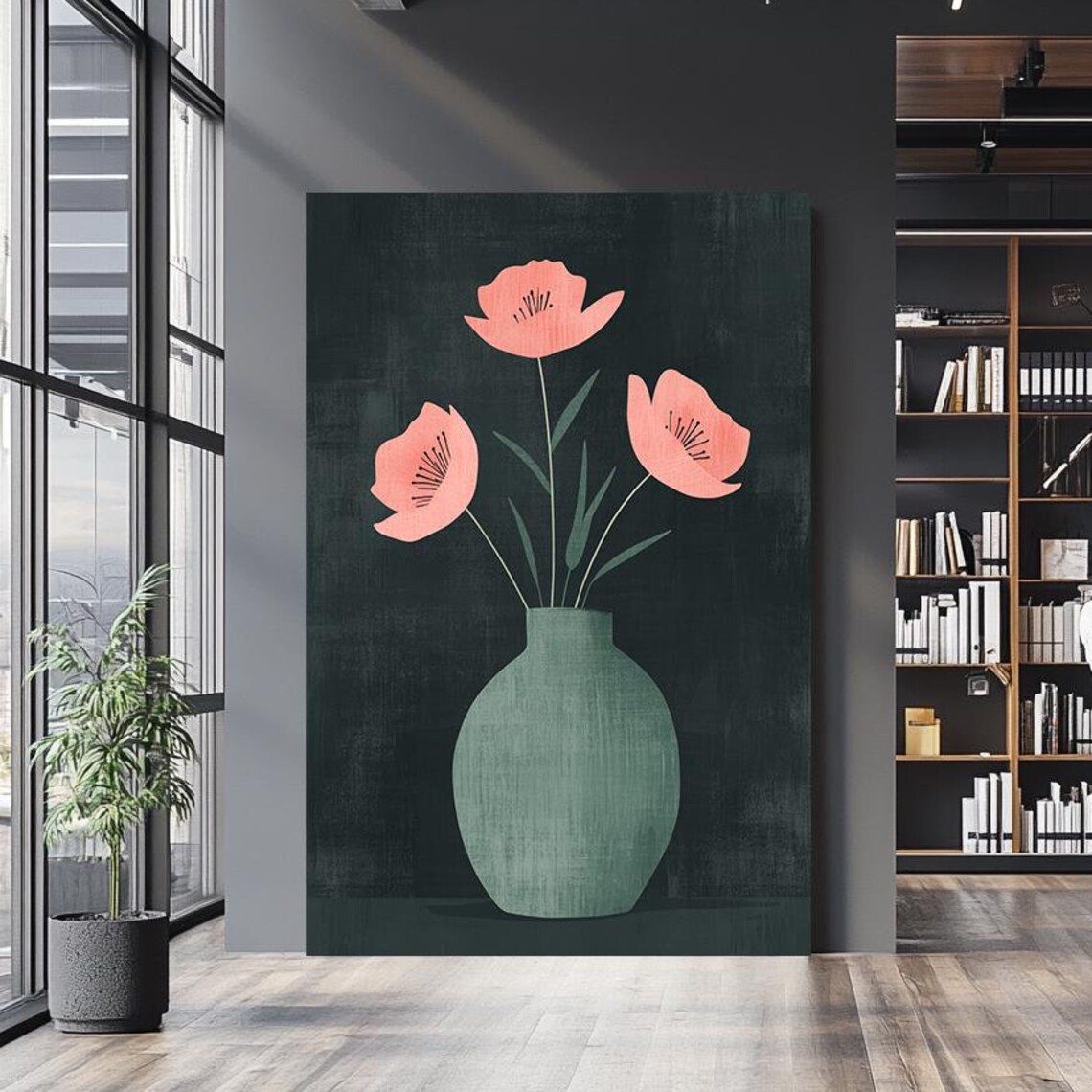 Coral Poppies Sage Vase Minimalist Dark Botanical Wall Art Poster