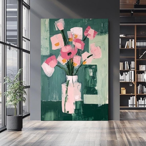 Abstract Floral Vase Wall Art Modern Pink And Green Botanical Artwork Bold Contemporary Flower Painting For Home Or Office Decor