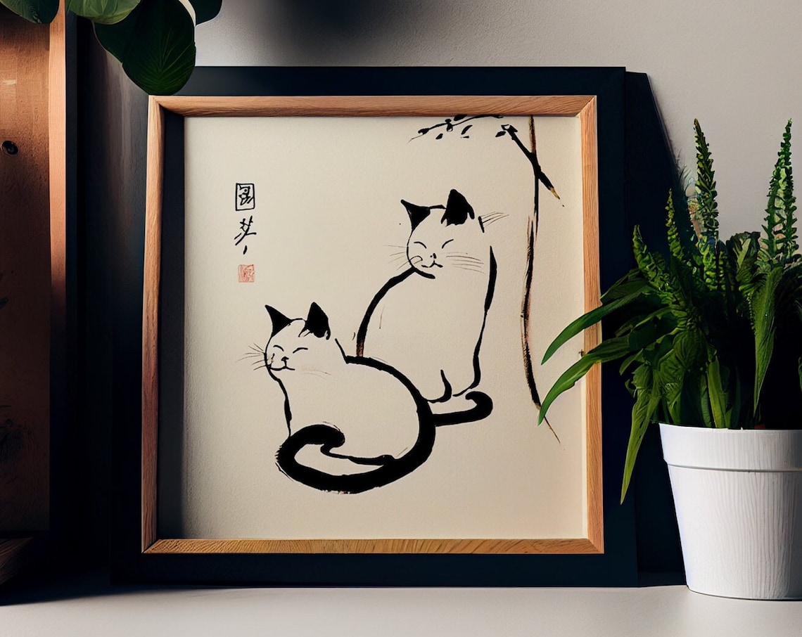 Cute Vintage Japanese Cats Art Print, Square Cats