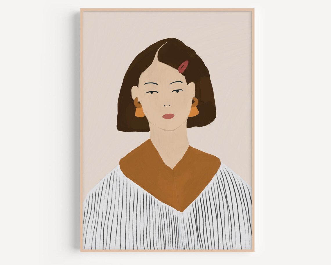 Modern Bob Haircut Woman Portrait Striped Top Neutral Poster