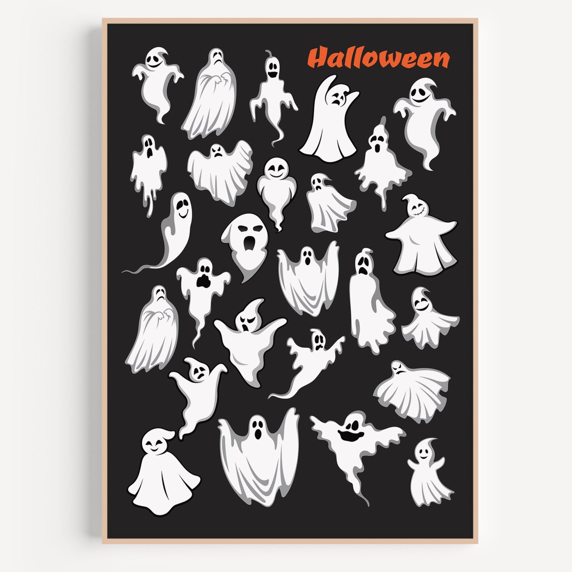 Halloween Ghost Pattern Black Background Cute Spooky Poster Art