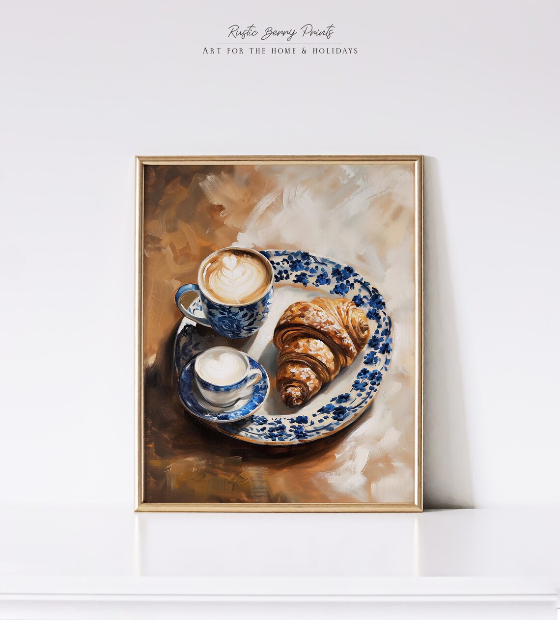 Croissant Coffee Blue Floral China Still Life Painted Kitchen Poster