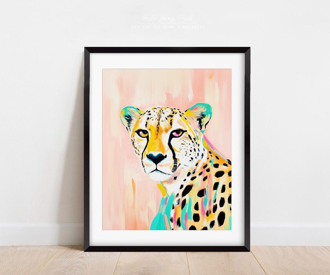Colorful Cheetah Portrait Pop Art Peach Blush Maximalist Wall Art Poster - Image 2