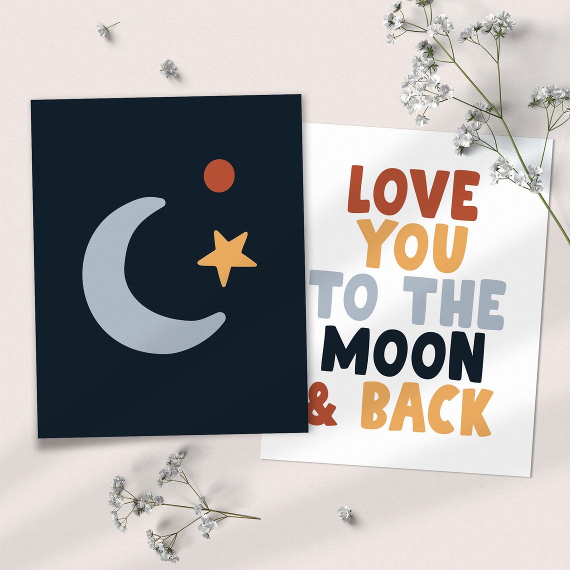 Love You To The Moon And Back Navy Set Of Two Nursery Poster