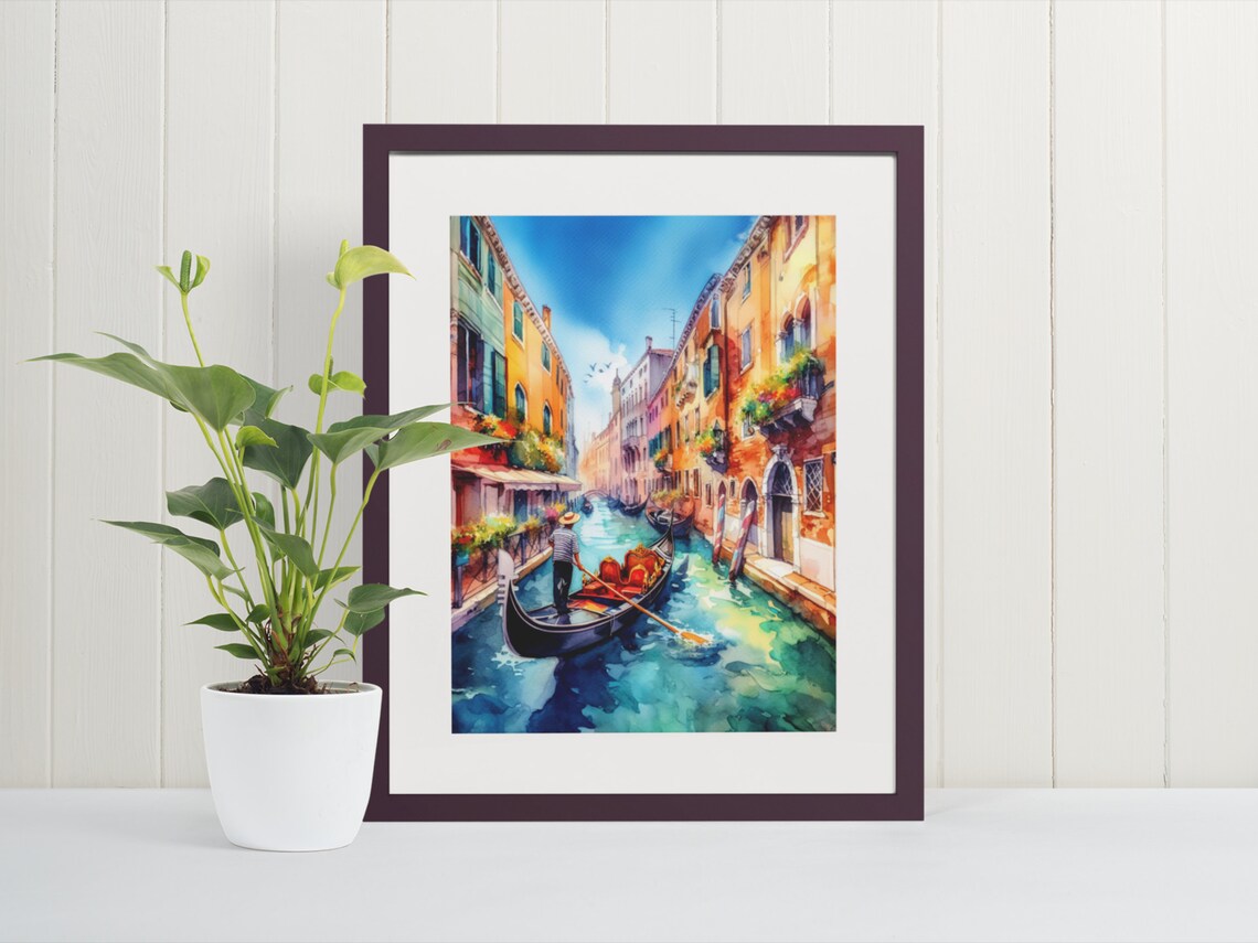 Venice Italy Canal Gondola Watercolor Colorful Cityscape Wall Art
