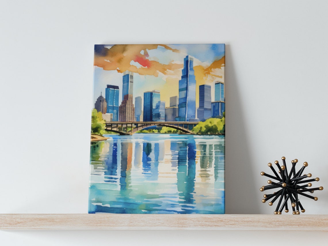Austin Skyline Sunset Watercolor Lady Bird Lake Cityscape Poster