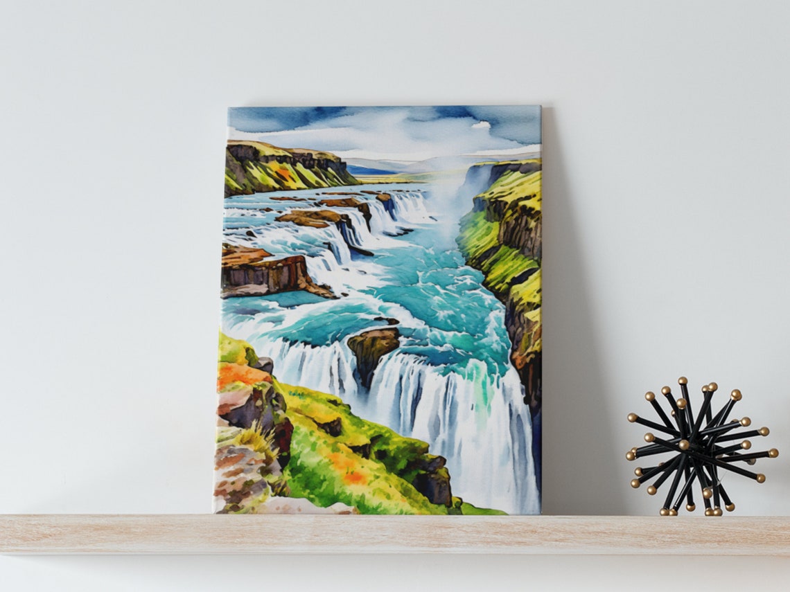 Gullfoss Iceland Waterfall Tiered Cascades Watercolor Art Poster