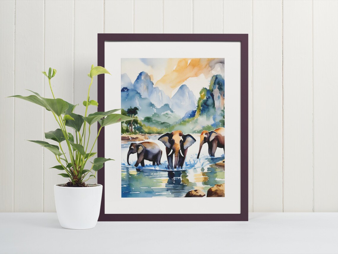 Chiang Mai Watercolor Art Print, Thailand Elephants