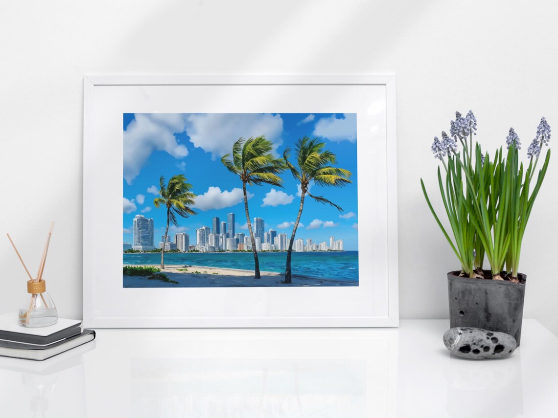 Miami Florida Skyline Watercolor Palm Trees Beach City Wall Art