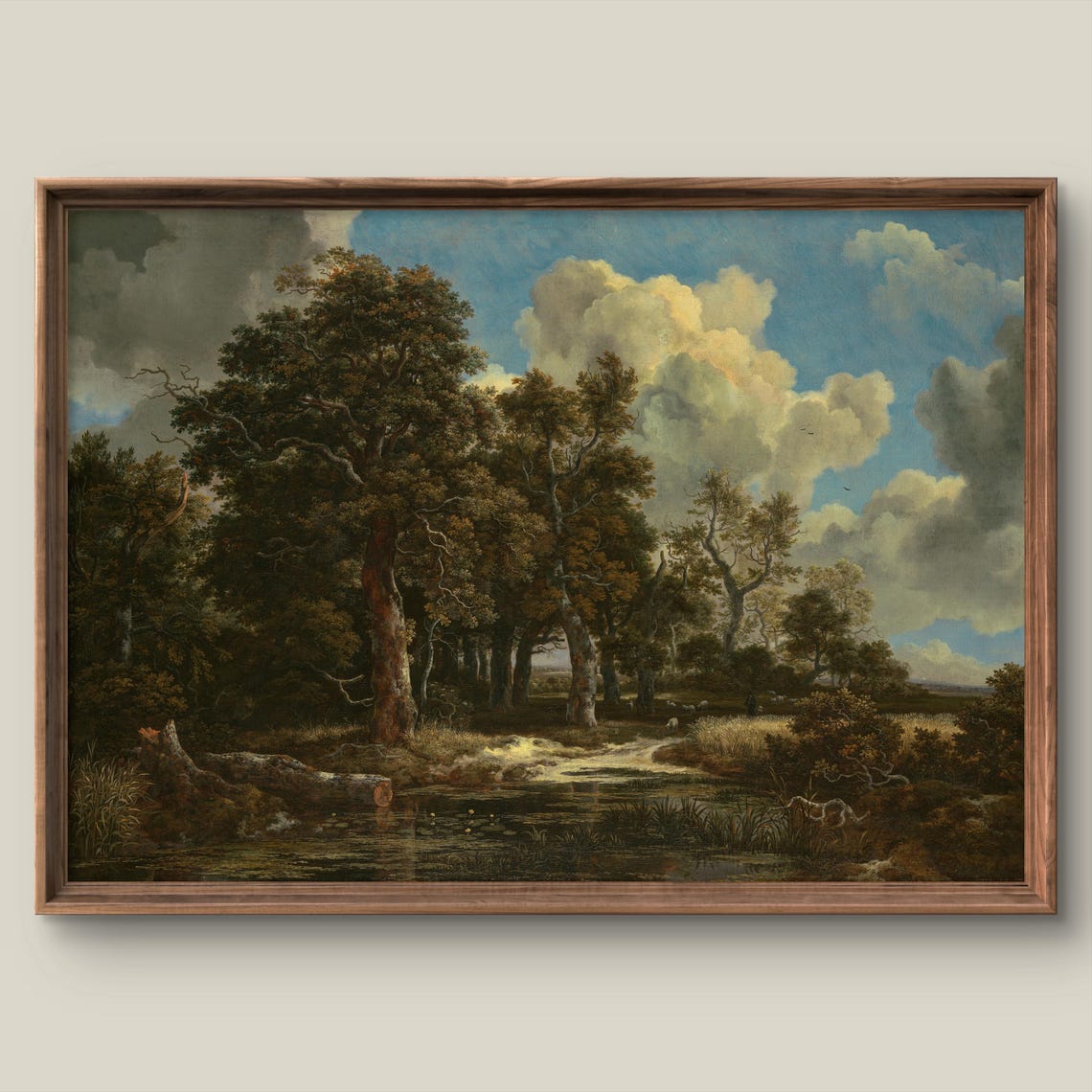 Vintage Forest Stream Dark Woodland Dramatic Clouds Oil Painting Print