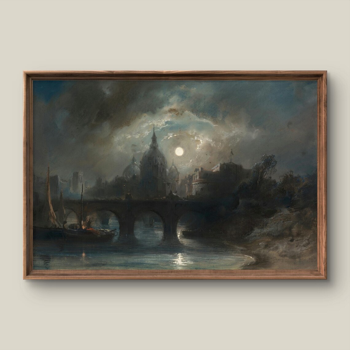 Antique Moonlit City Poster Domed Cathedral Bridge under Full Moon