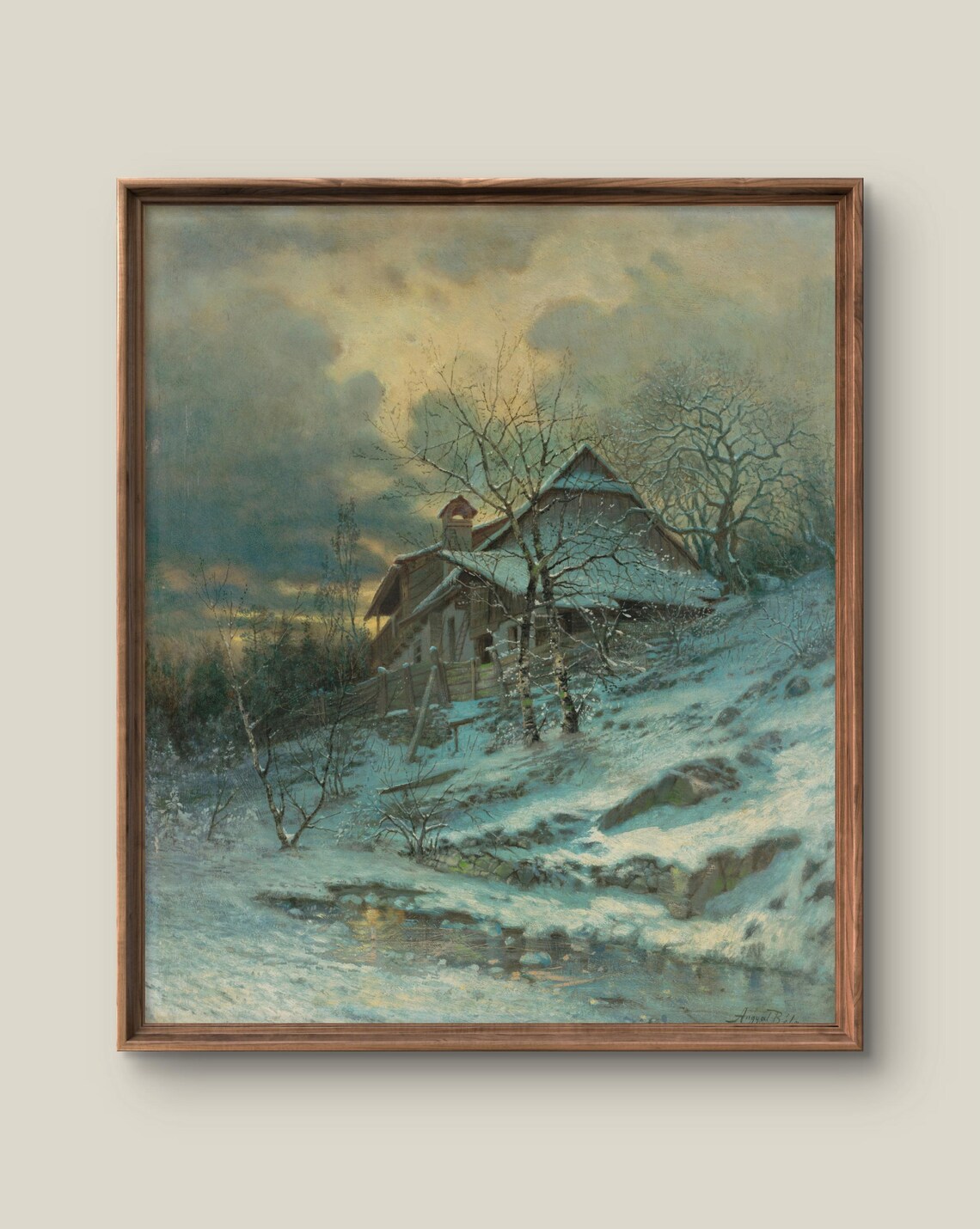 Vintage Snowy Cabin Winter Landscape Twilight Painting Art Poster