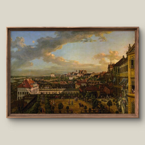 Vintage European Old Town Panorama Dusk Antique Oil Painting Print