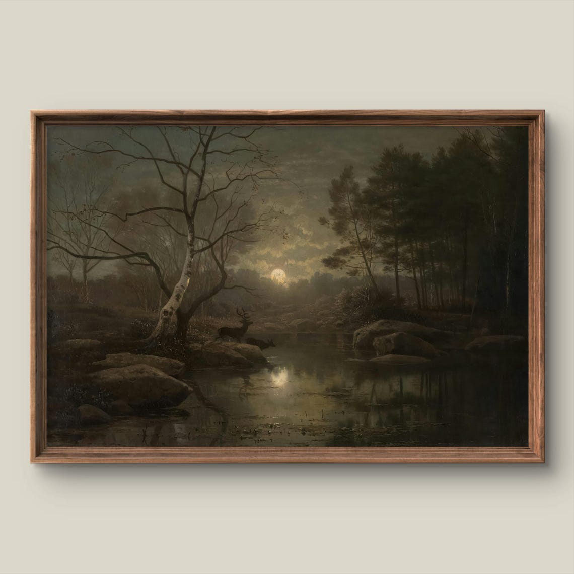 Moonlit Forest Lake With Deer Vintage Night Landscape Poster