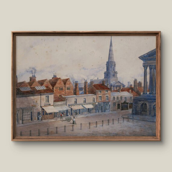 Charming English High Street with Church Spire Vintage Watercolor Print