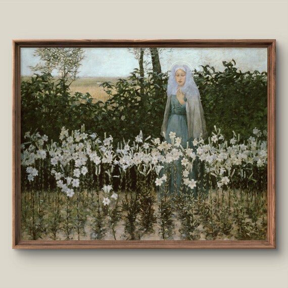 Vintage Virgin Mary Standing Among White Lilies Religious Art Print