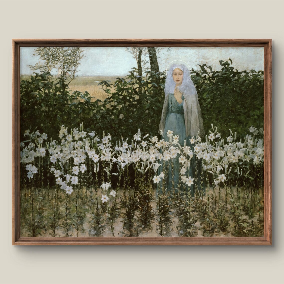Vintage Virgin Mary Standing Among White Lilies Religious Art Print
