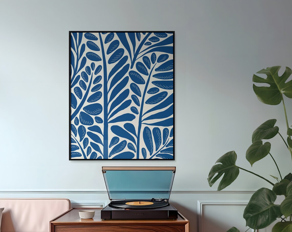 Blue Wildflower Botanical Cobalt Leaves Modern Living Room Poster